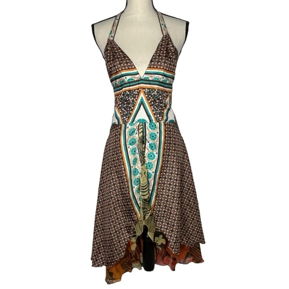 Raj 100% Silk Halter Neckline Open Back Flowy Layered Mini Dress NWOT - Picture 1 of 12